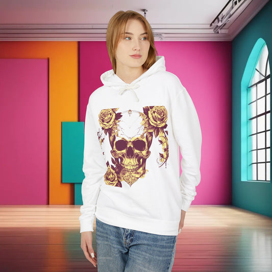 Unisex Lightweight Hooded Sweatshirt featuring a unique designer skull and roses print, modelled by a woman in a stylish interior.