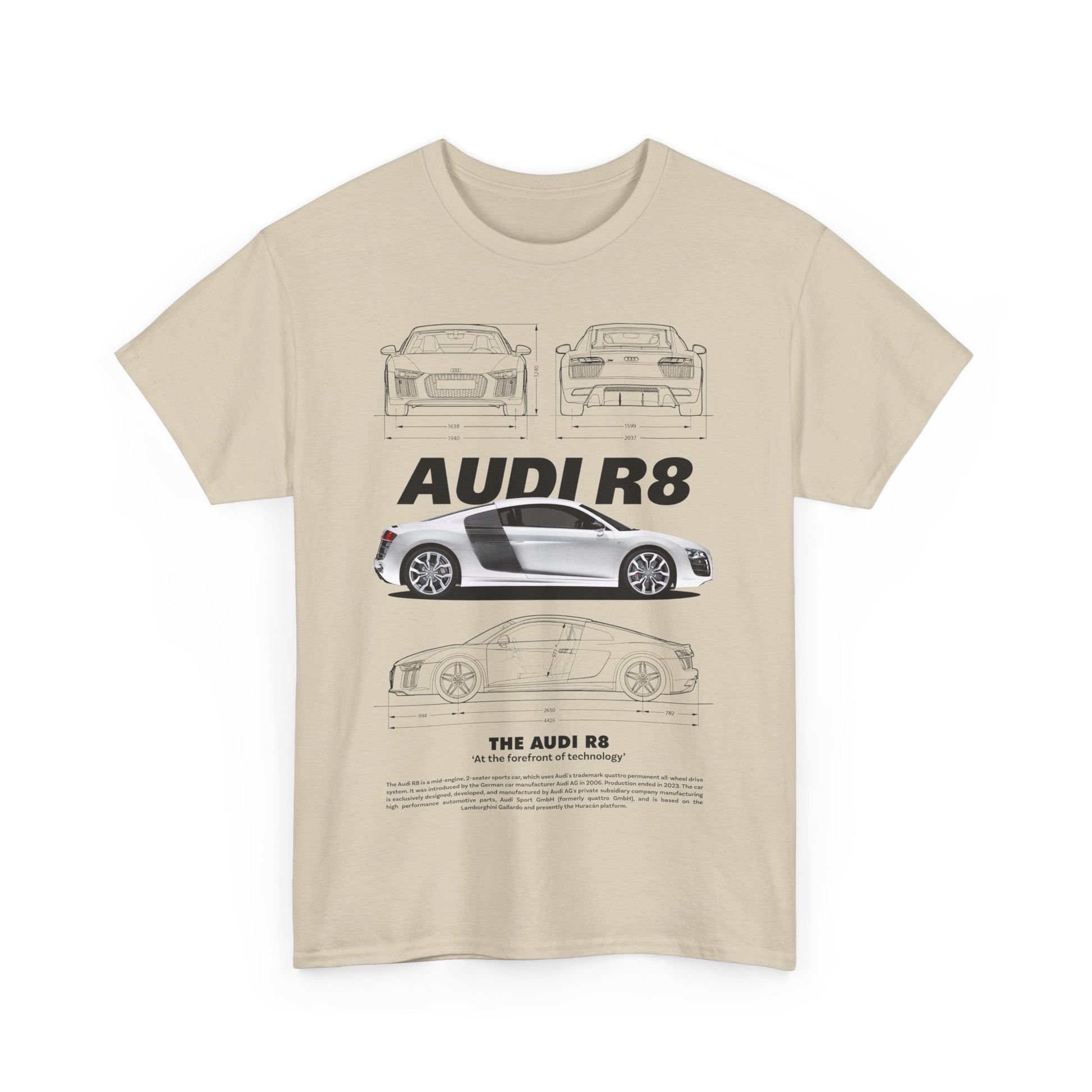 Front view of a chic beige men's t-shirt featuring an Audi R8 design, blending automotive passion with fashion.