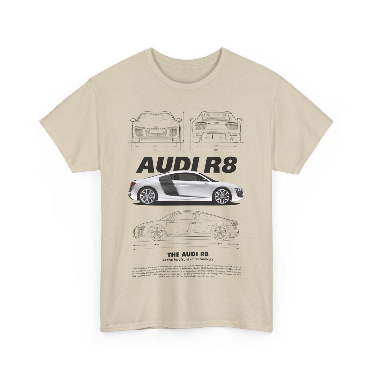 Front view of a stylish beige men's t-shirt celebrating the iconic Audi R8 with detailed graphics, ideal for automotive enthusiasts.