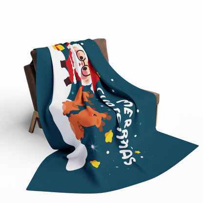 Beautifully displayed Decorative and Warm Christmas Arctic Fleece Blanket cascading over a stylish chair, featuring eye-catching festive graphics, ideal for creating a cozy atmosphere.