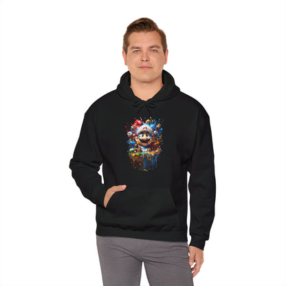 Another model showcasing the Unisex Computer Game Graphic Lightweight Hooded Sweatshirt in black, featuring a colourful graphic, epitomising trend and comfort.