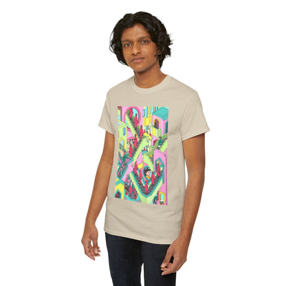 A stylishly posed man in a Squid Game graphic t-shirt, illustrating a captivating design that's ideal for modern trendsetters and lovers of the avant-garde.