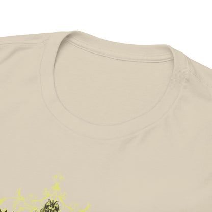 Close-up view of a luxurious beige t-shirt's collar, highlighting the detailed print of the Grim Reaper and the gothic text 'Damned Soul'.