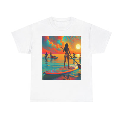 Illustration on the Delightful Paddle Board T-Shirt by Dazzling Dreams Studio, depicting an idyllic paddleboarding experience surrounded by nature.