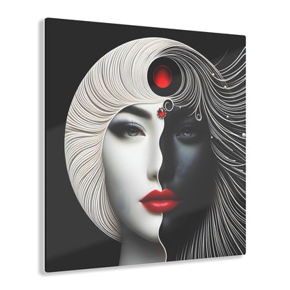 Yin-Yang Acrylic Art Print showcasing a stylish woman's portrait with flowing black and white hair, a striking red detail on her forehead, and bold red lips, delivering an elegant representation of harmony and balance.