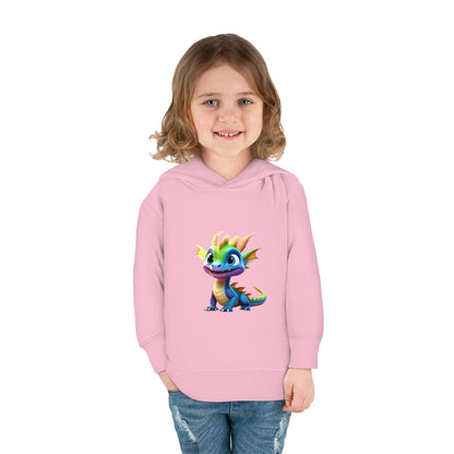 A joyful little girl models a Kids Unisex Cute Dino Hoodie adorned with a vibrant dragon design, perfect for young fashion enthusiasts aged 2-5 years.
