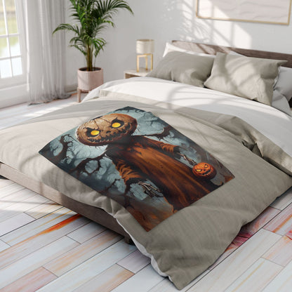 Luxurious Decorative and Warm Halloween Spooky Arctic Fleece Blanket featuring a whimsical pumpkin character design, ideal for adding a touch of festive elegance to your space.