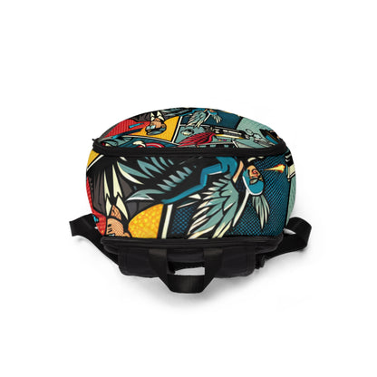 Vibrant Pop Art Chic Backpack on display, crafted by Dazzling Dreams Studio, ideal for fashionable individuals seeking a bold and functional accessory.