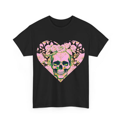 Close-up view of the Skulls and Roses Cotton Tee - luxurious unisex shirt displaying intricate skull artwork intertwined with roses, perfect for alternative fashion.