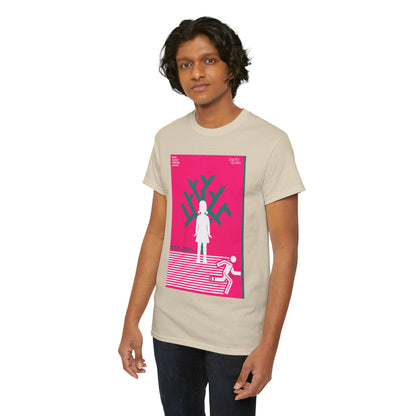 Sophisticated model wearing a cream Squid Game themed t-shirt, showcasing a striking pink and green design that highlights bold moments from the series.