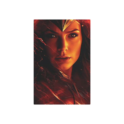A luxurious Wonder Woman Metal Art Poster showcasing the iconic hero with striking detail and vibrant colours, crafted from premium matte aluminium. Perfect for empowerment-themed decor, this art piece embodies strength and courage.