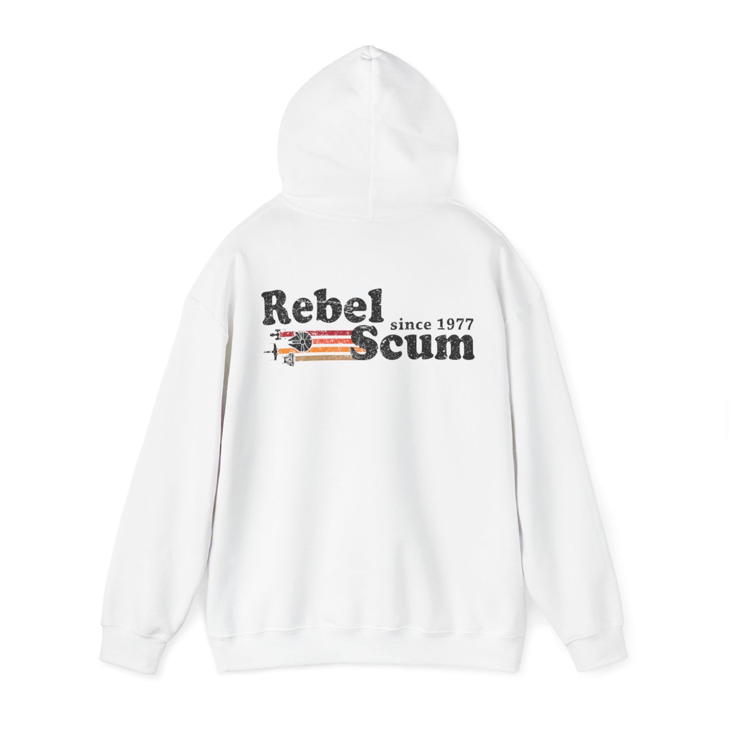 Stylish white hoodie with a statement 'Rebel Scum' back print, featuring vintage graphics and spacecraft motifs, proudly marked 'since 1977'.