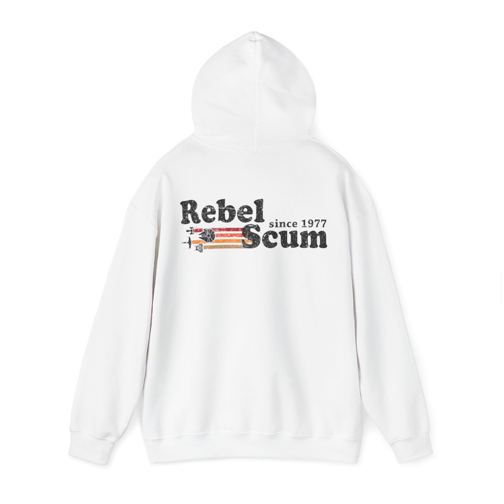 Stylish white hoodie with a statement 'Rebel Scum' back print, featuring vintage graphics and spacecraft motifs, proudly marked 'since 1977'.