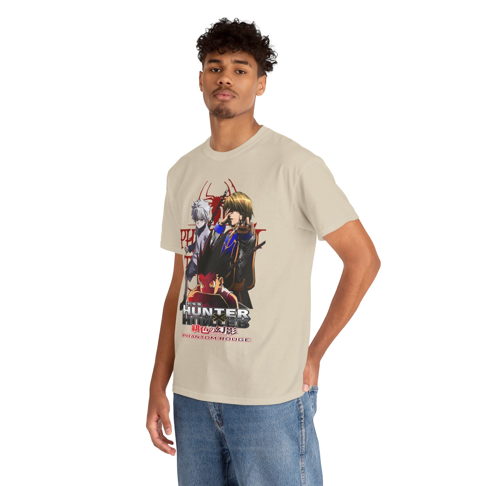 Model presenting a chic Hunter x Hunter T-shirt with dynamic character artwork from Phantom Rouge, exuding a sense of adventure and style.