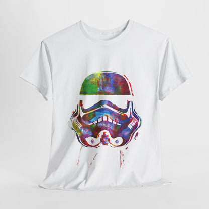 Luxurious Colorful Stormtrooper graphic t-shirt, showcasing a vibrant splattered design on a classic white cotton base, perfect for stylish fans.
