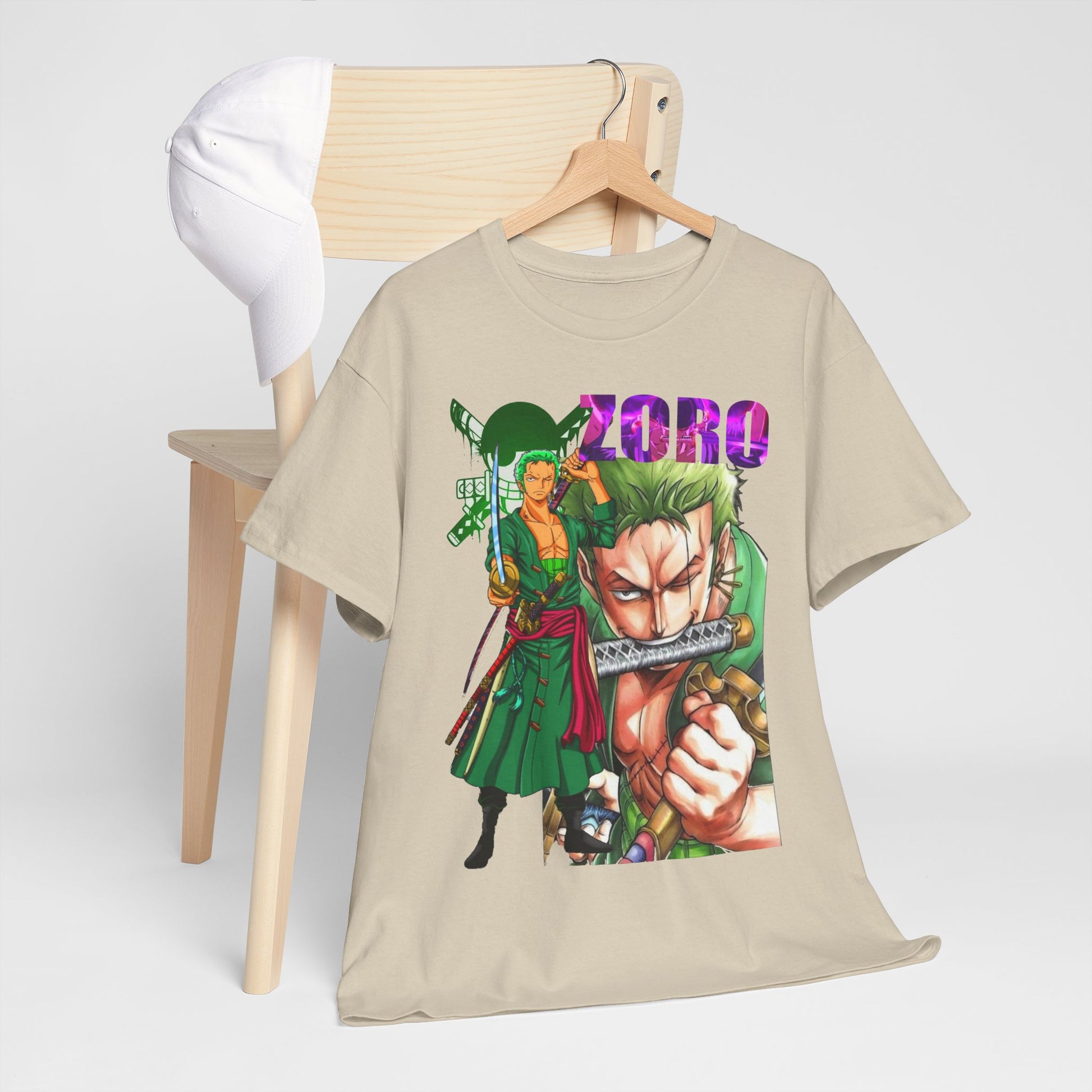 Luxurious Roronoa Zoro graphic t-shirt styled elegantly on a hanger, highlighting vibrant anime art and a white cap, perfect for fashion-conscious anime enthusiasts.