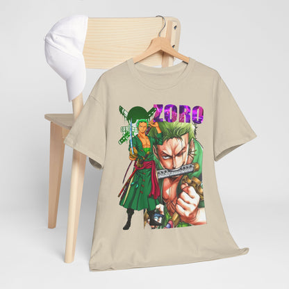 Luxurious Roronoa Zoro graphic t-shirt styled elegantly on a hanger, highlighting vibrant anime art and a white cap, perfect for fashion-conscious anime enthusiasts.