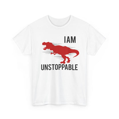 Luxurious white men's t-shirt featuring a bold, red T-Rex graphic with the text 'I AM UNSTOPPABLE' for a striking statement.