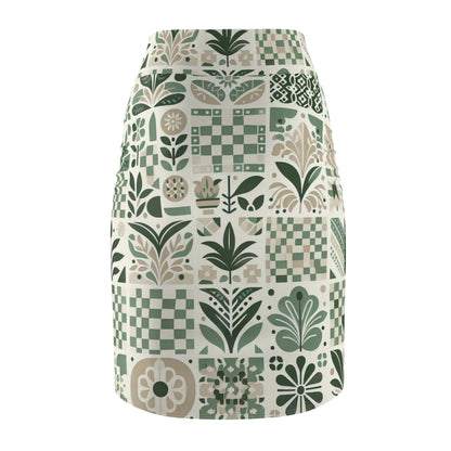 Close-up view of the high-quality fabric of the Evelyn Atelier Pencil Skirt in pale green and white checkerboard by Dazzling Dreams Studio, highlighting superior craftsmanship.