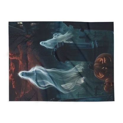Artistic presentation of the Decorative and Warm Halloween Spooky Arctic Fleece Blanket with ghost motifs, offering an enchanting touch to Halloween celebrations.