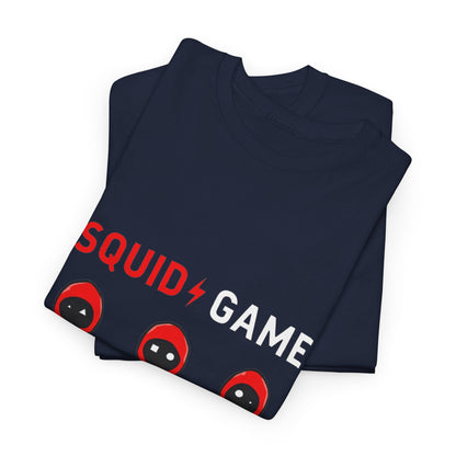 Stylish navy blue Squid Game Unisex Men´s Women´s Graphic Cotton Funny T Shirt folded neatly, showcasing its premium fabric and elegant graphic design, perfect for fashion-forward enthusiasts.