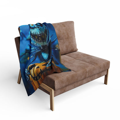 Luxury Decorative and Warm Halloween Skellington Spooky Arctic Fleece Blanket beautifully draped over a chic modern chair, showcasing intricate Halloween designs with a rich colour palette.