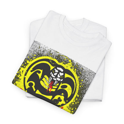 Sophisticated folded unisex Cobra Kai t-shirt elegantly displaying a powerful snake design in black and yellow, crafted for comfort and style in a unique martial arts theme.