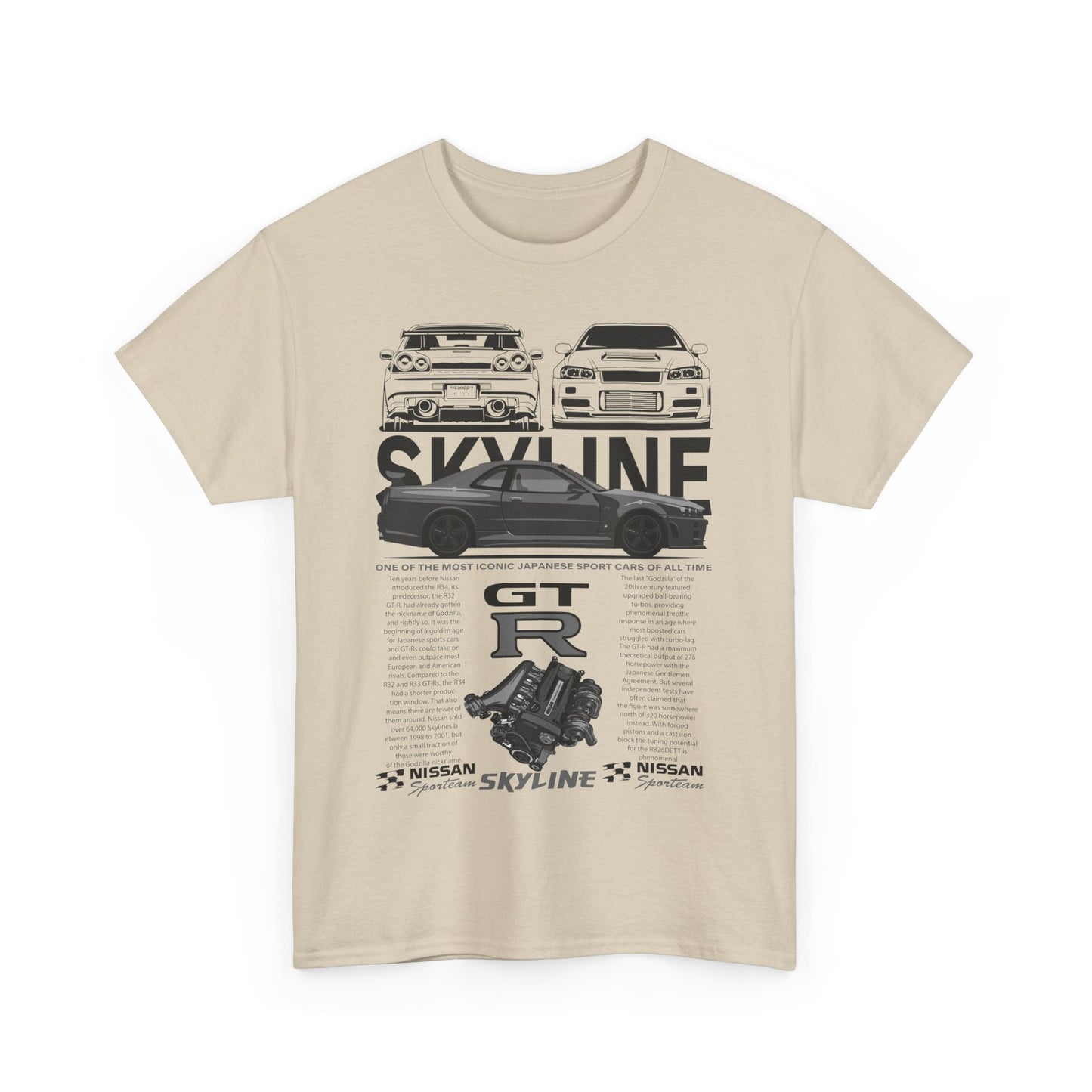 Front view of a luxurious beige men's t-shirt featuring a dynamic Skyline GT-R graphic, celebrating automotive culture in style.