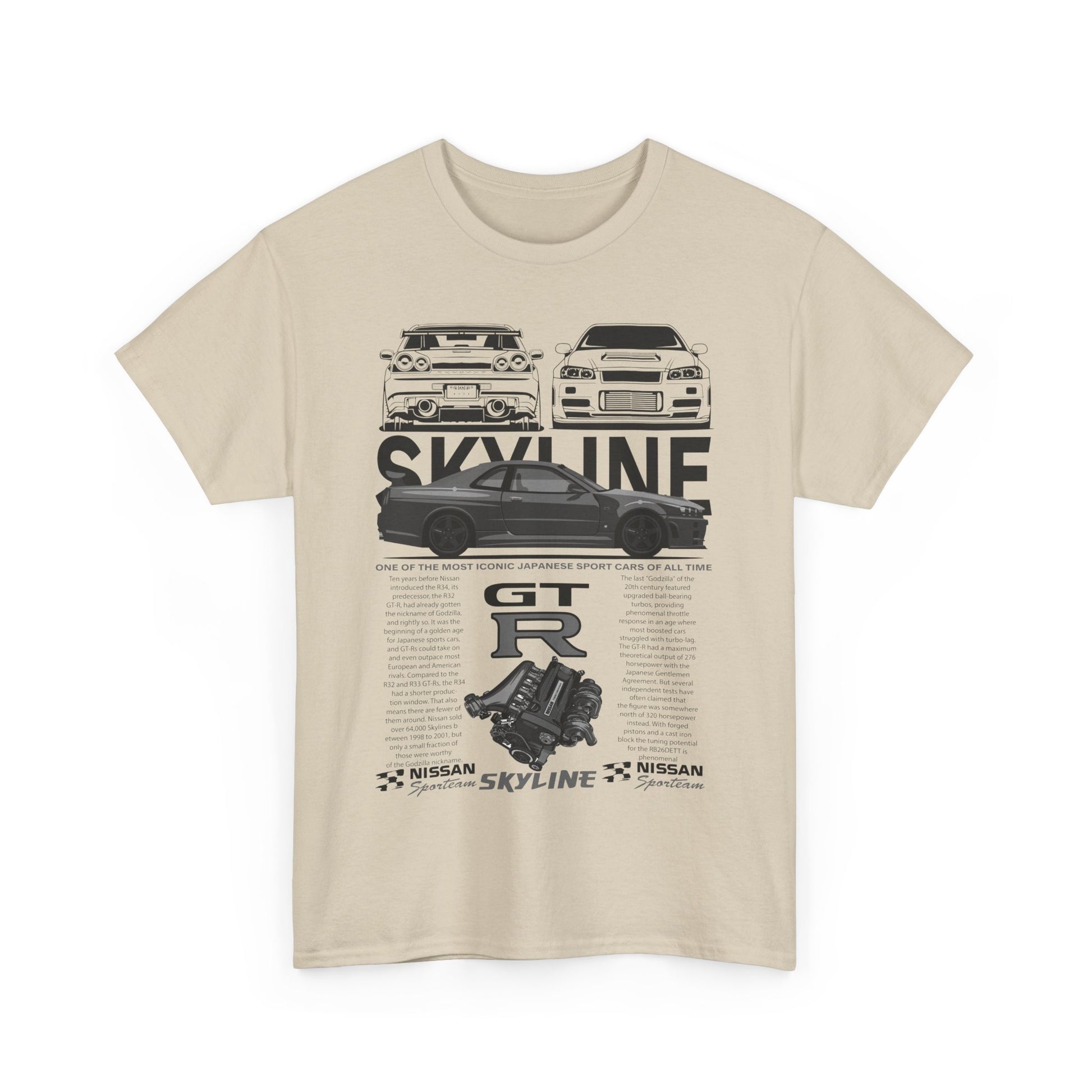 Front view of a luxurious beige men's t-shirt featuring a dynamic Skyline GT-R graphic, celebrating automotive culture in style.