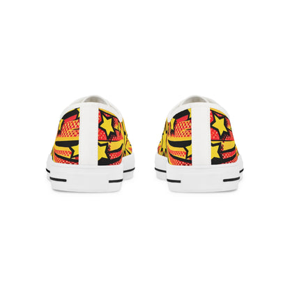Rear view of the Zara Electrobeam Men's Low Top Pop Art Sneakers in Vibrant Red with Yellow Star Design, highlighting the stylish yellow and black star accents against a striking red backdrop.