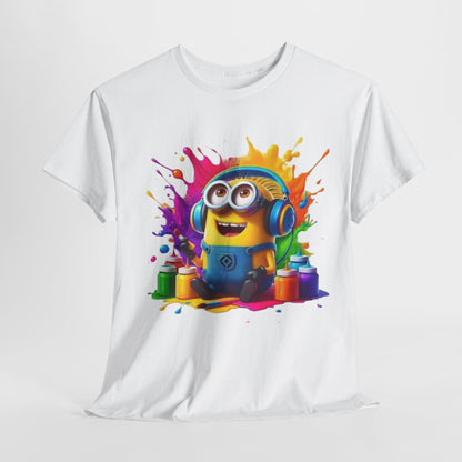 Luxurious white t-shirt featuring a vibrant Minion character amidst a splash of colourful paint, embodying artistic creativity and playful joy.