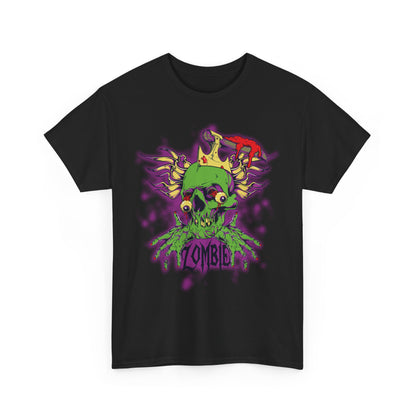 Striking black men's t-shirt featuring a bold zombie skull graphic with a crown, set in vivid colours, merging edginess with fashion elegance.