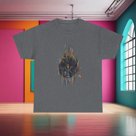 Luxuriate in the Millenium Falcon Abstract Art Graphic T-Shirt, elegantly displayed against a colourful backdrop, highlighting its artistic design on a premium cotton fabric.
