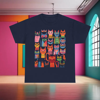 Purrfection Graphic T-Shirt Urban Unisex Cotton Tee in navy, showcasing a lively collection of creatively designed cats, embodying elegance and quirky charm.
