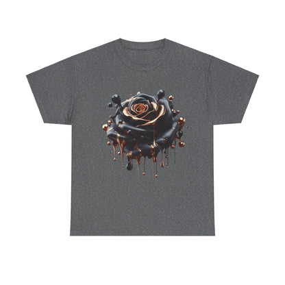 Close-Up Abstract Rose Unisex Cotton Tee Graphic T Shirt featuring an elegant black rose with vivid copper droplets on a charcoal grey fabric.