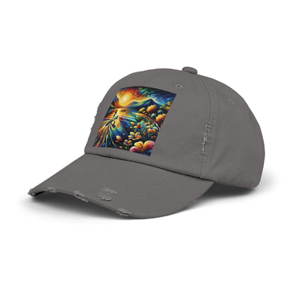 Unisex Distressed Paddleboarders Cap angled view emphasizing its artistic paddleboarding design, offering sun protection for luxury paddling adventures.