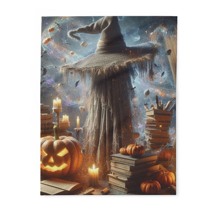 Decorative and Warm Halloween Spooky Arctic Fleece Blanket featuring a mystical scene with a witch's hat, candlelit pumpkin, and stacks of books, creating an enchanting atmosphere perfect for autumn festivities.