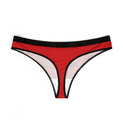 Chic red women's thong exhibiting a vibrant print of glossy lips and a playful tongue, ideal for a humorous yet sophisticated addition to lingerie collections.