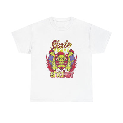 Men's Skull Cap Graphic T-Shirt with Colorful Floral and Punk - Skate Riders featuring vibrant skull design with a fiery red cap against luscious floral backdrop.