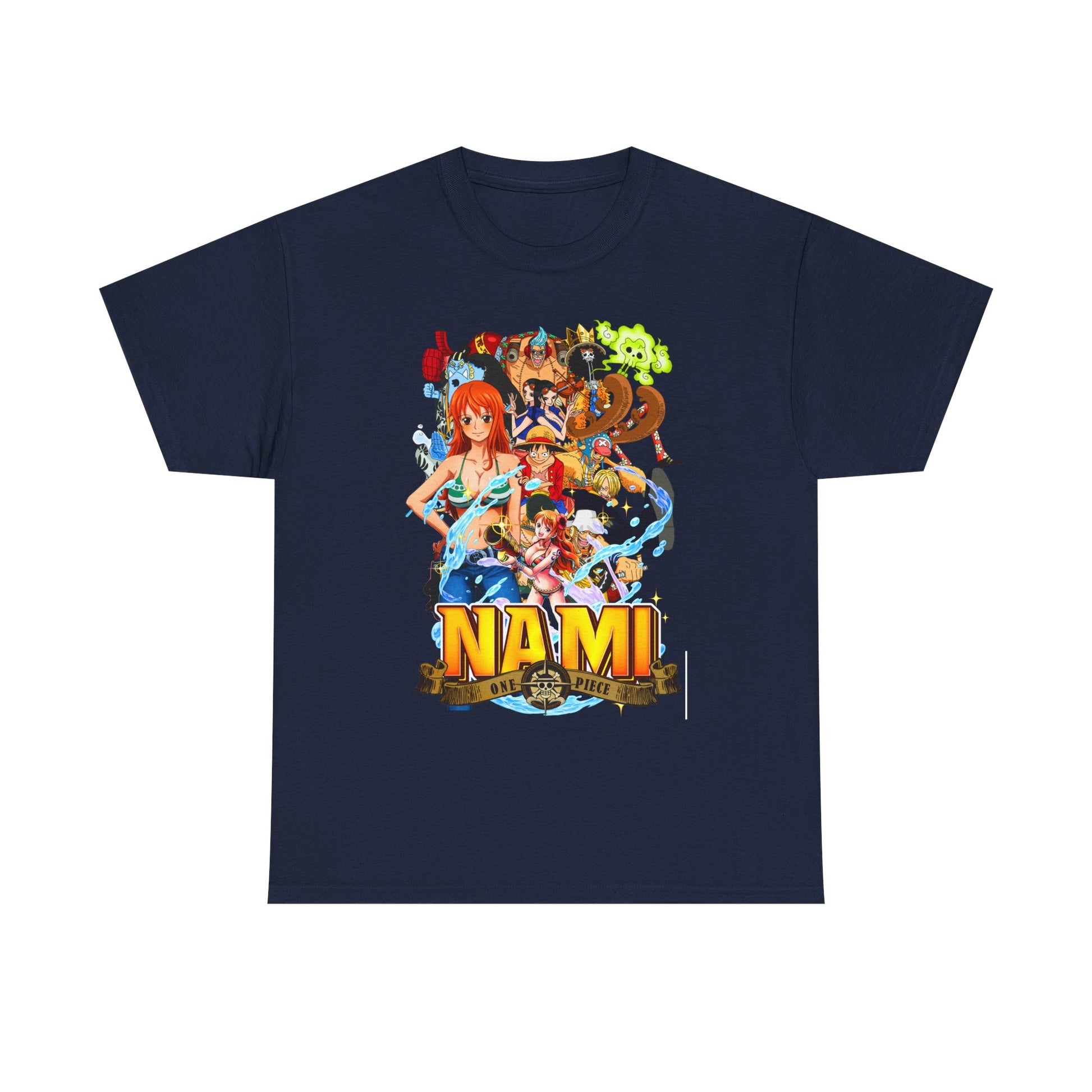 Sophisticated navy men's t-shirt displaying a bold Nami graphic from One Piece, capturing the adventurous spirit with detailed illustrations and vibrant hues.