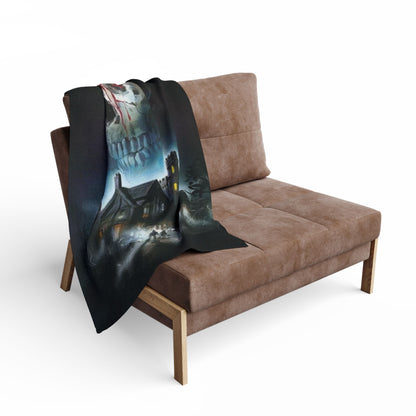 Decorative and Warm Halloween Spooky Arctic Fleece Blanket draped elegantly over a chic sofa, featuring a haunting design perfect for seasonal decor.