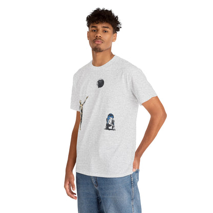 Fashionable Star Wars T-Shirt showcasing an artistic illustration of C-3PO and R2-D2 with a fun Death Star balloon, worn by a model for a contemporary look.