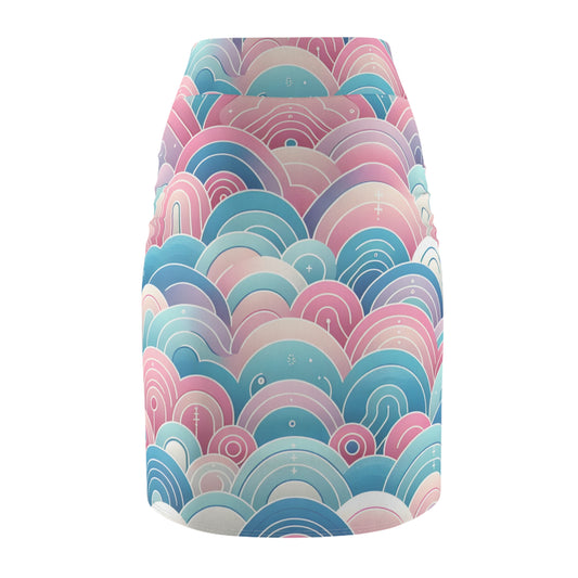 Close-up of the Marcella Kensington Pencil Skirt's high-quality fabric and vibrant pastel gradient pattern, exemplifying modern design and unique fashion.