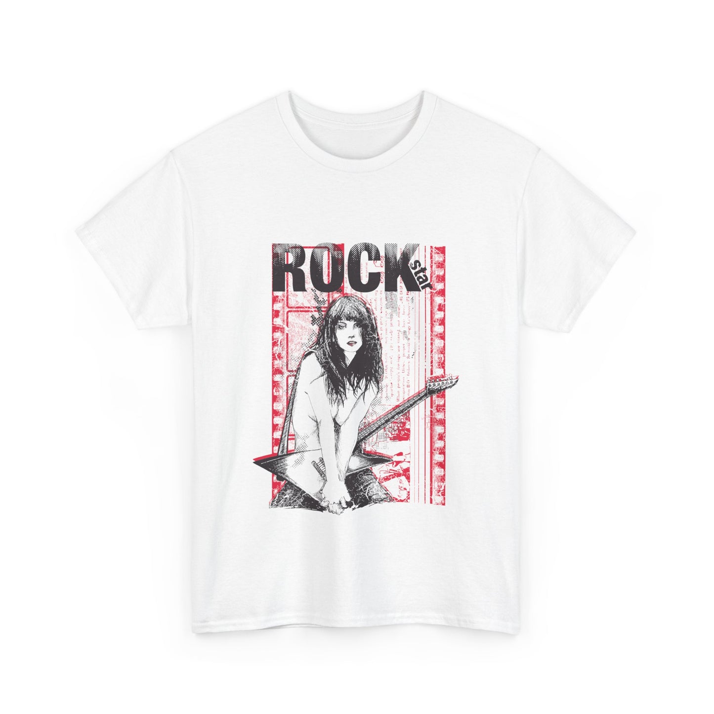 Chic white men's T-shirt featuring a striking rock star graphic design with an electric guitar, epitomising music and artistry.