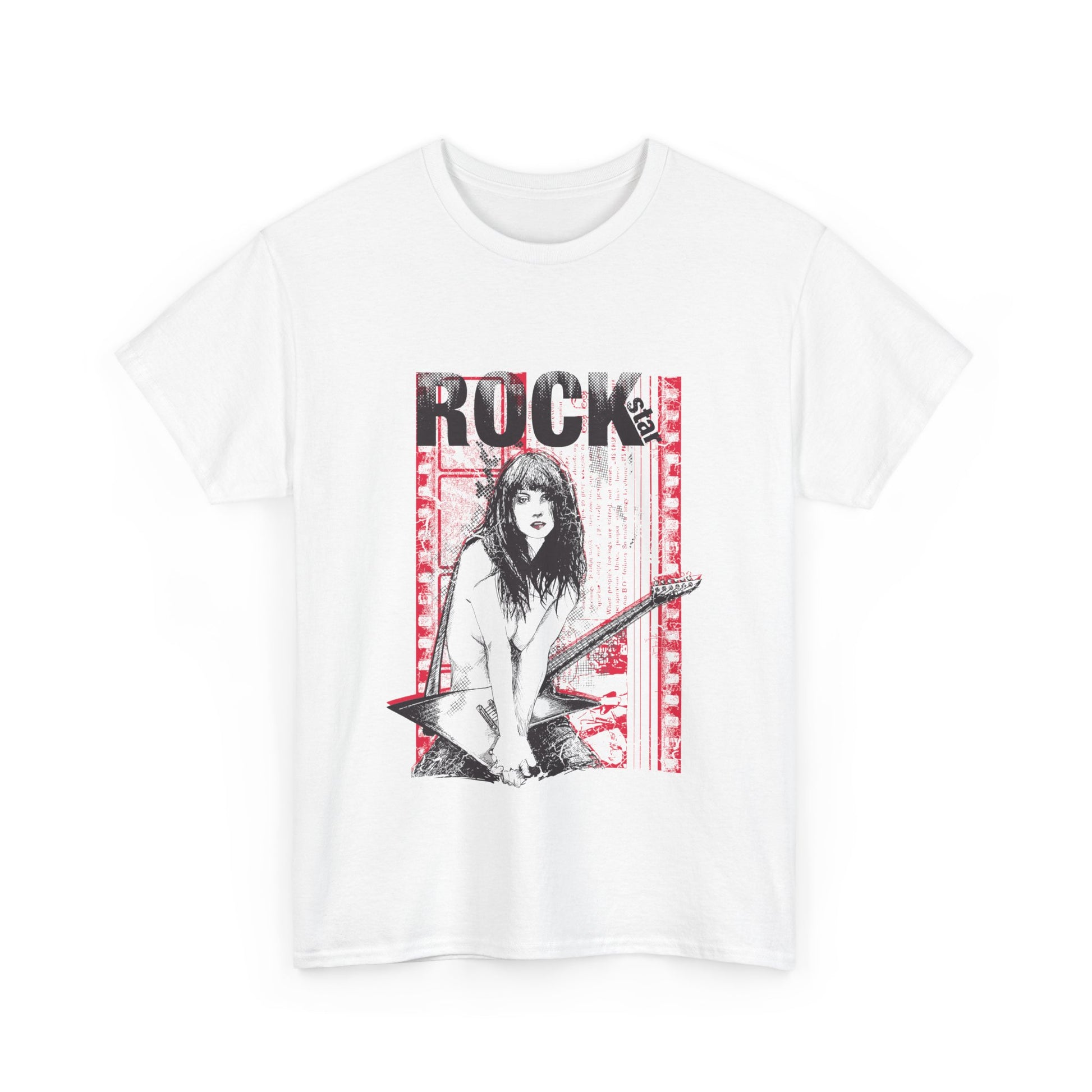 Chic white men's T-shirt featuring a striking rock star graphic design with an electric guitar, epitomising music and artistry.