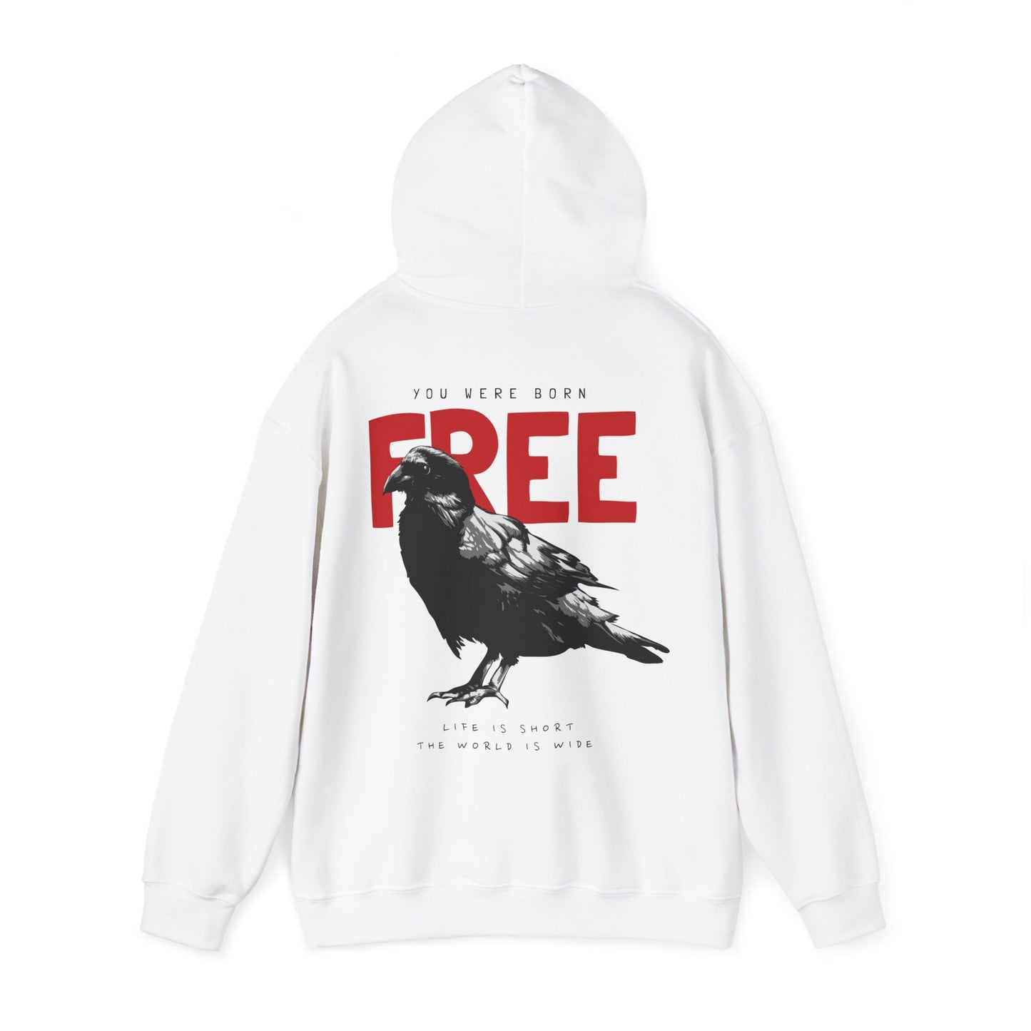 Exquisite white hoodie showcasing a powerful raven illustration along with the statement 'YOU WERE BORN FREE'. The poignant quote 'LIFE IS SHORT THE WORLD IS WIDE' beautifully complements its artistic flair, perfect for those embracing a lifestyle of luxury and freedom.