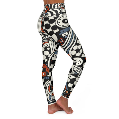 Andrea Bellecci High-Waisted Leggings featuring a captivating blend of checkerboard motifs and organic shapes, displayed on a model, showcasing their elegant design and flattering fit.