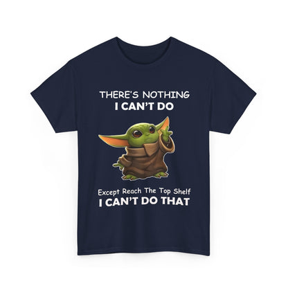 Front view of the Grogu, The Child, Baby Yoda Mandalorian humorous graphic tee shirt, featuring a whimsical design with striking text, perfect for fans of pop culture.