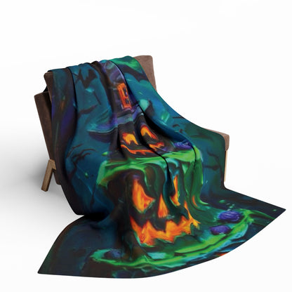 Chic Decorative and Warm Halloween Spooky Arctic Fleece Blanket draped over a stylish chair, highlighting its festive, eye-catching pattern, perfect for enhancing your Halloween decor.
