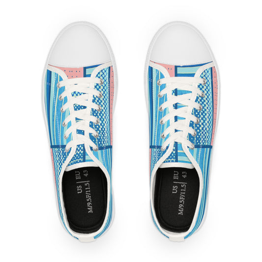 Top view of Zoe Zapstride Pop Art Men's Lowtop Sneakers showcasing vibrant blue and pink patterns, ideal for stylish modern footwear.
